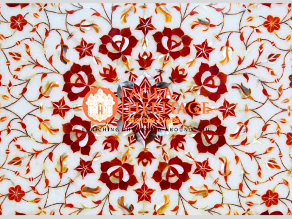 White Marble Carnelian Inlay Floral Table Top Home Decor